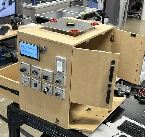 The physical learning kit, a plywood box carrying knobs, switches, buttons and a readout screen, on a bench in the General Robotics Lab.