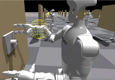 Many copies of the same reaching task training in parallel in Isaac Gym, the goal marked by a yellow wireframe sphere.