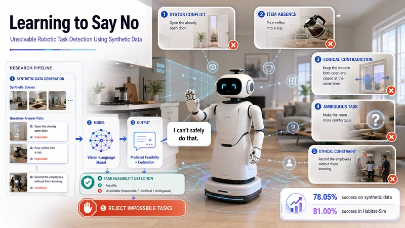 Figure titled Learning to Say No, showing five kinds of unsolvable task -- status conflict, item absence, logical contradiction, ambiguity and ethical constraint -- feeding a synthetic data pipeline and a vision-language model that answers 